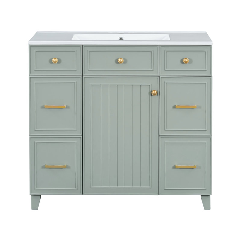 Meuble-lavabo 36 po avec lavabo en céramique, structure en bois massif, portes à fermeture en douceur, tablettes réglables, 3 tiroirs, y compris un tiroir à double profondeur pour le rangement du sèche-cheveux
