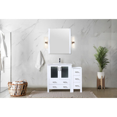 42 In. White Bath Vanity With Side Cabinet And Ceramic Top - 28 Mirror, Soft Close, , Scratch Stain , Sufficient Storage Area Cabinet, Top, To Stains Scratches, Abundant Facilities
