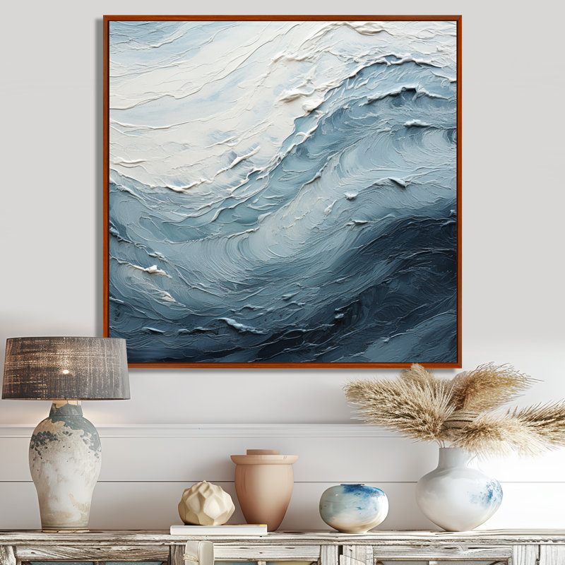 Minimalisme, peinture noire et bleue, vague II, H 30 po x l 30 po x P 1 po, Cadre flottant brun