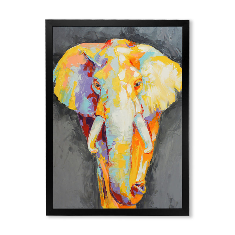 Peinture, portrait d'éléphant II - œuvre d'art moderne sur toile, H 12 po x l 8 po x P 1 po, Toile avec cadre photo noir