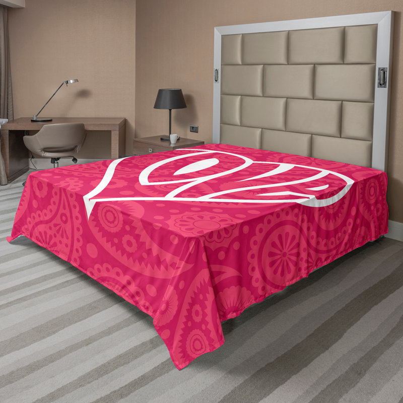 Ambesonne Groovy Top Flat Sheet Retro Big Heart Pink White, California King Flat Sheet