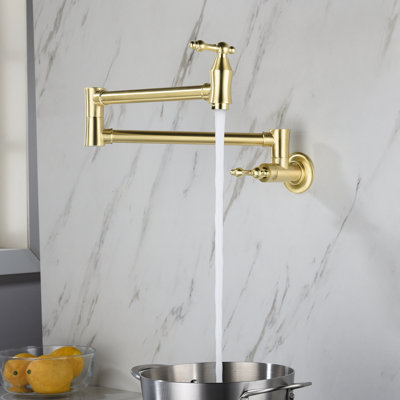 Wall Mounted Pot Filler Faucet - Gold Brass, Swivel Arm For Smooth Filling Work, Double Handles Controlled Water Discharge Volume Management, Corrosion And Fingerprint- Surface Feature Mark Signal,