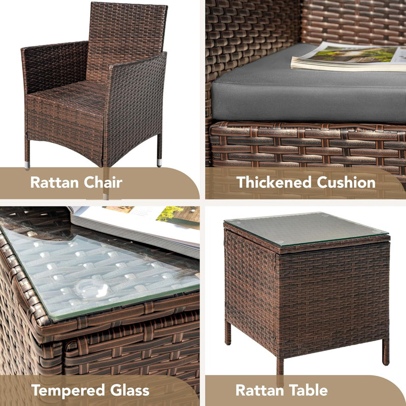 Ensembles de meubles de patio 3 pièces en osier de rotin PE avec table, Gris