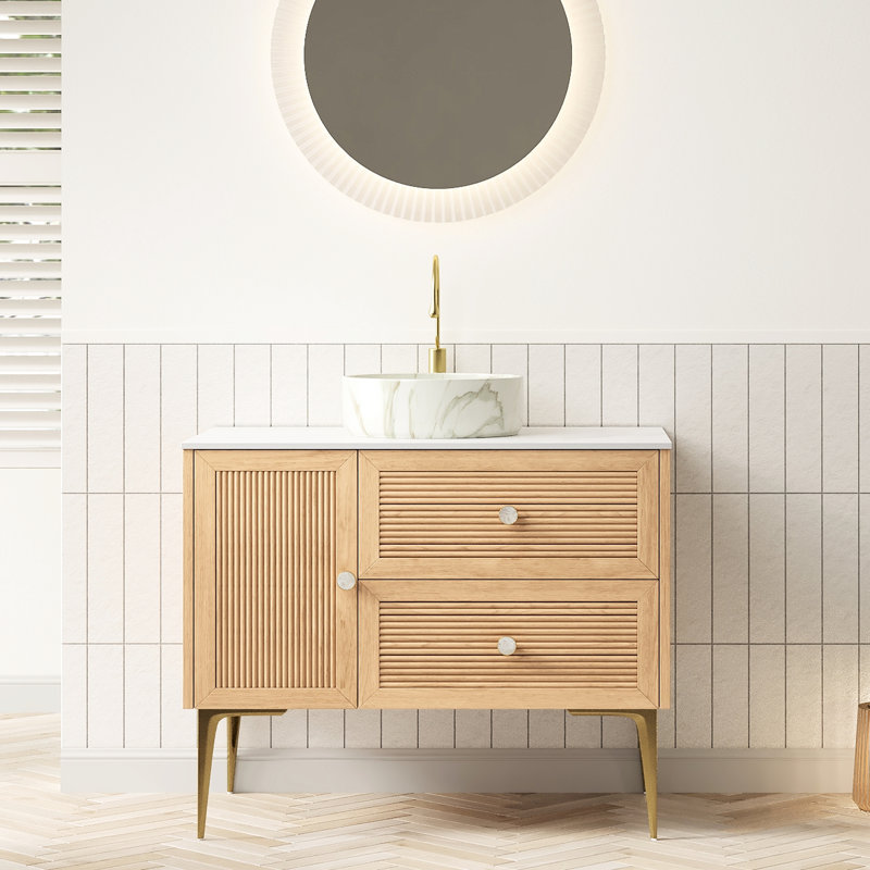 Meuble-lavabo de 36 po blanc et chêne, avec 4 pieds en métal, lavabo à motif de pierre, système de fermeture en contreplaqué moderne à haute résistance, finition chêne, grands tiroirs de rangement