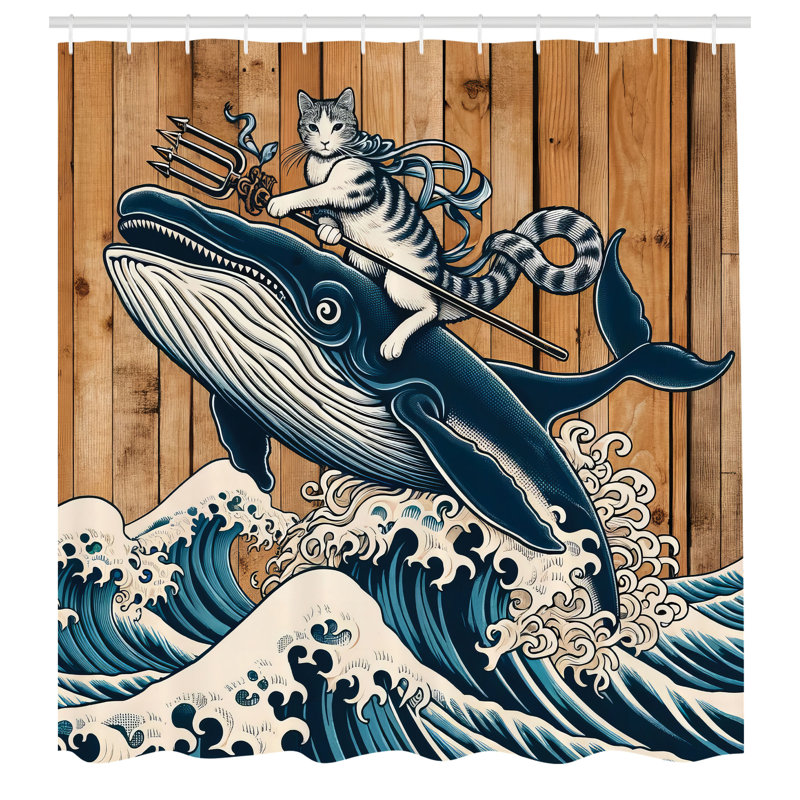 Nautical Pale Caramel and Petrol Blue Fabric Shower Curtain