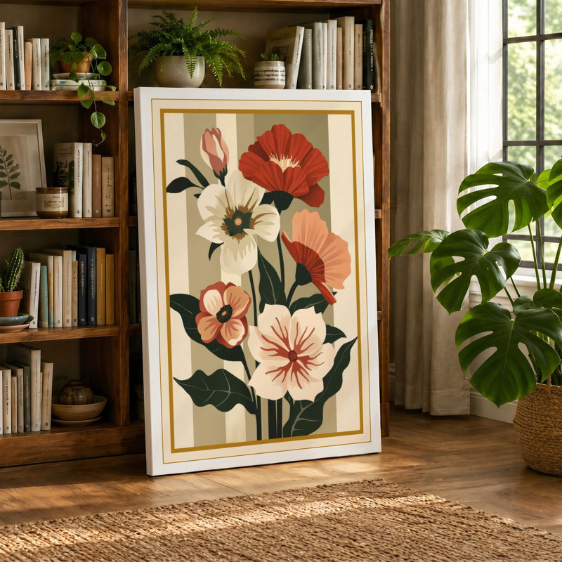 Five Flowering Stems Botanical - Wrapped Canvas, 30x20 - 76.2 x 50.8 cm, Teal Border