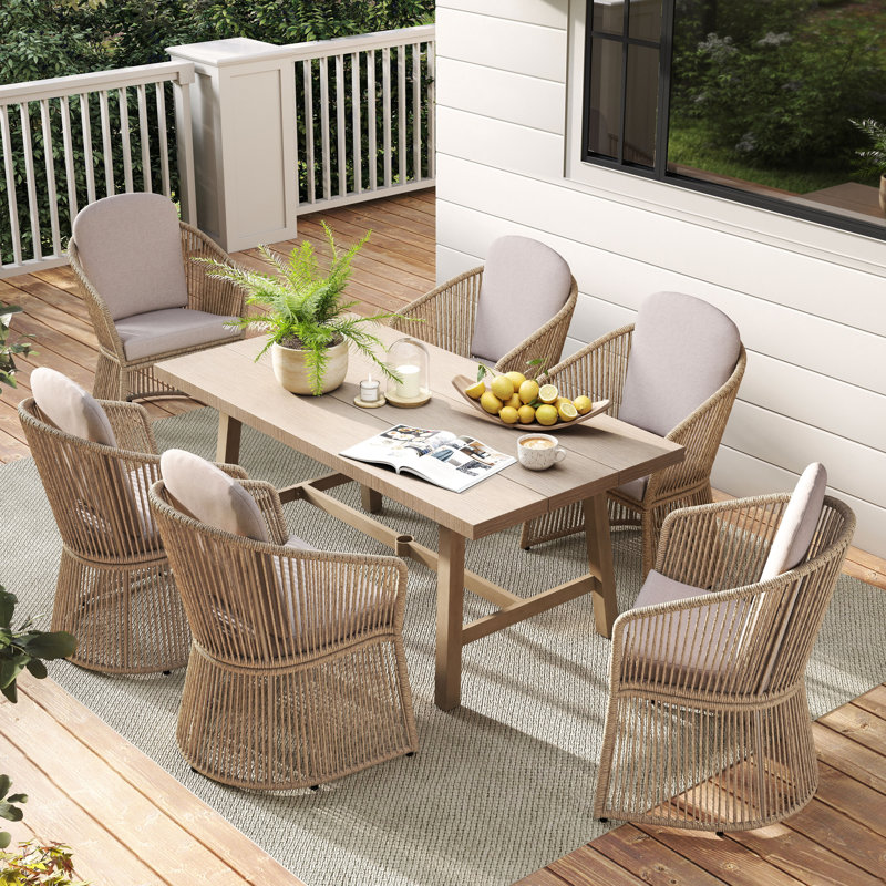 Ensemble repas d'extérieur rectangulaire avec coussins, Beige, Beige