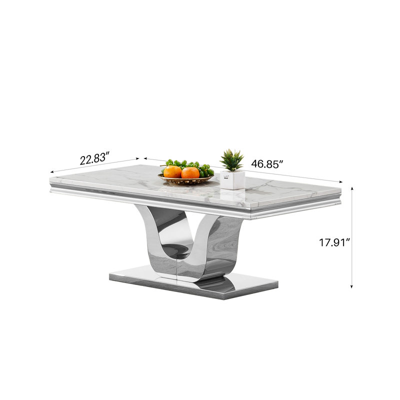 46.85" Coffee Table with White Marble Top, Modern Rectangular Faux Marble Coffee Table with Single U-shaped Stainless Steel Pedestal, Luxury Cocktail Center Table for Living Room Office