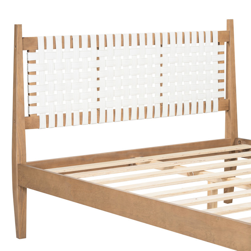 Bohemian - Inspired Queen Size Bed With Woven Leather Back, Natural Wood, Finish And Pine Frame, Weight Balanced Slats