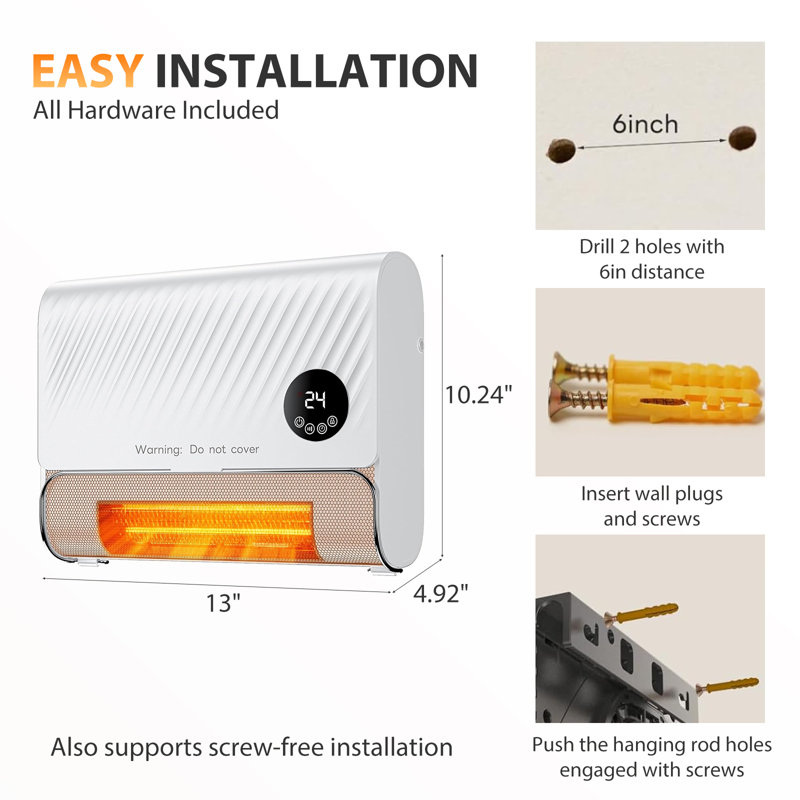 Chauffage mural intelligent, radiateur électrique d'appoint de 1500 W à chauffage rapide pour une utilisation intérieure, panneau chauffant mural avec télécommande, 3 vitesses de ventilation et protection contre la surchauffe.