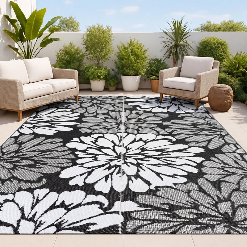 Tapis d'extérieur pliable et réversible Bloom, Gray/White, Rectangle 5' x 8'