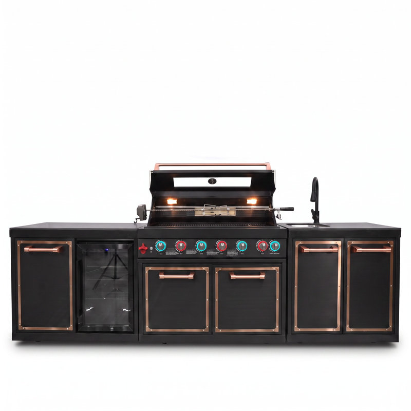 Îlot de cuisine extérieure modulaire Rylan avec barbecue au gaz, évier et réfrigérateur à boissons, brûleurs en acier inoxydable, station de barbecue pour jardin
