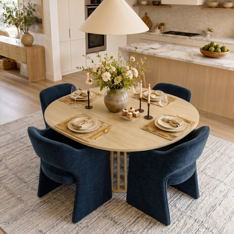 Ensemble de table de salle à manger pour 4 personnes avec table ovale extensible et 4 fauteuils rembourrés en chenille, Bleu