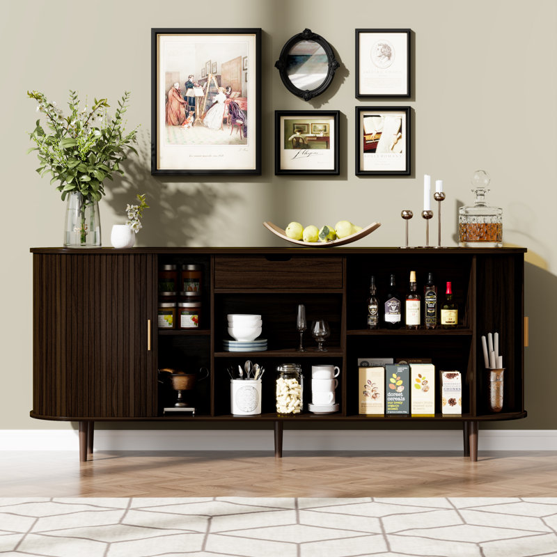 Buffet 70 po avec portes tambour rondes, grand tiroir de rangement, tablettes réglables et pieds en bois massif pour la salle à manger, le salon et le vestibule