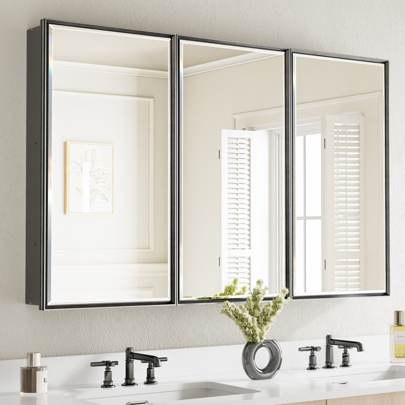 Belwood Framed Medicine Cabinet with Beveled Mirrors, Soft-Close Doors & Adjustable Glass Shelves, Recessed or Surface Mount