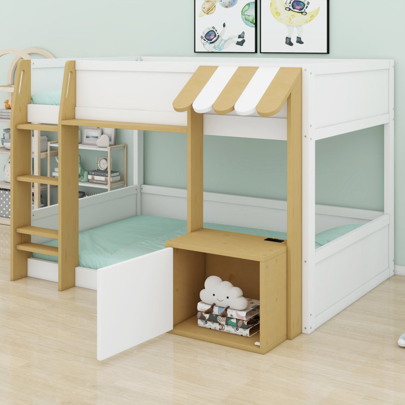 Lit superposé en bois avec bureau intégré, échelle et ports USB