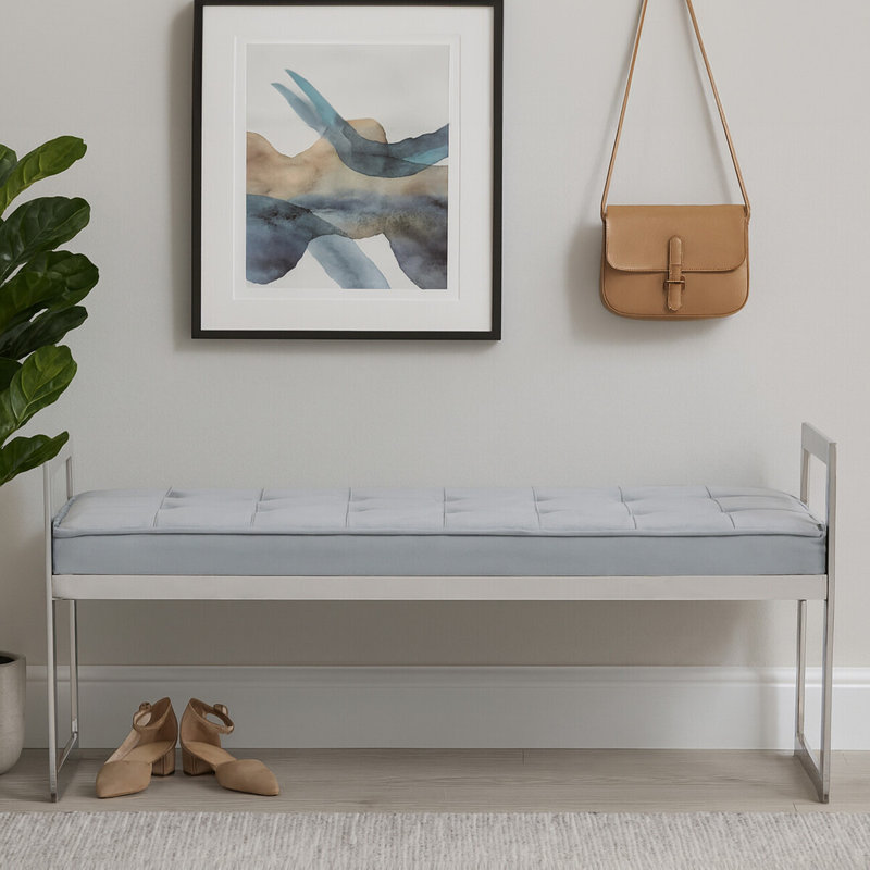 Redd Velvet Upholstered Bench, Grey, Silver, 56" H x 120" L x 40" D