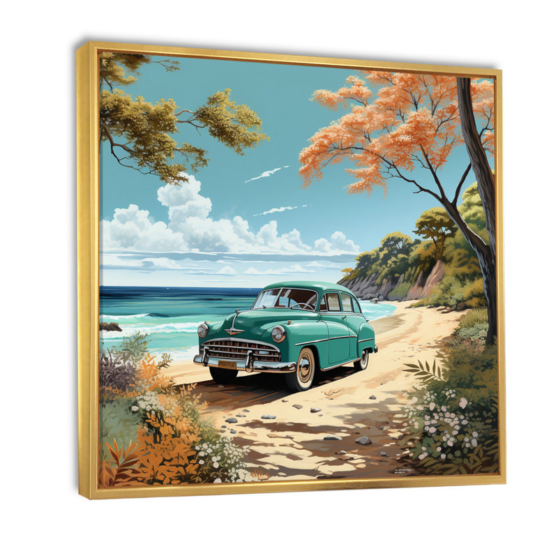 Vintage Oldtimer Classic Turquoise Car Beachside sur impression sur toile, H 24 po x l 24 po x P 1 po, Cadre flottant doré
