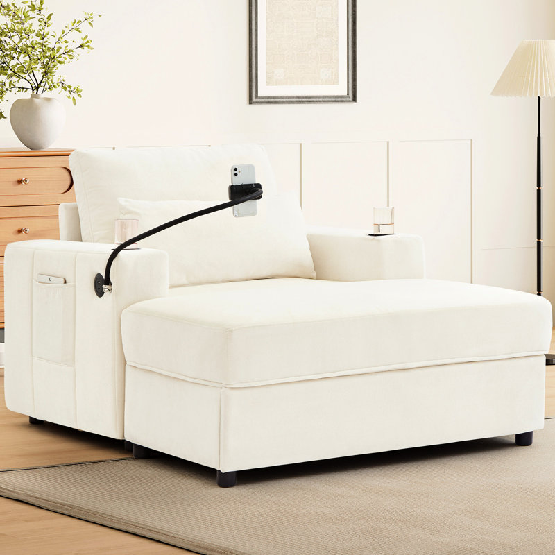 Beige avec rangement mobile, ports, porte-téléphone et poches latérales, fauteuil multifonctionnel polyvalent pour le salon, rangement caché, deux poches