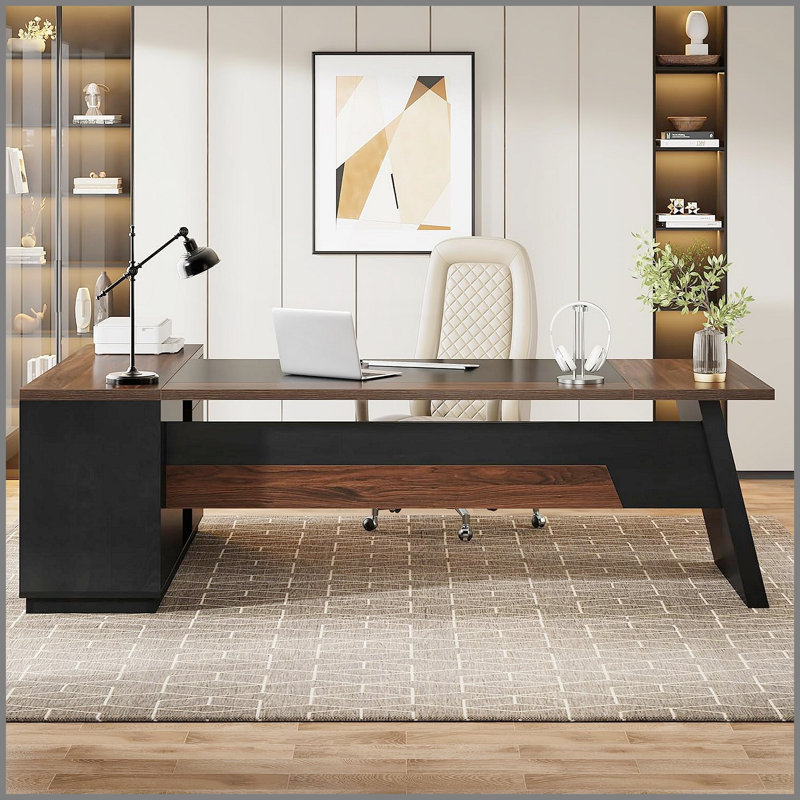 Bureau de direction en L 78,7 pouces avec rangement, poste de travail de bureau à domicile moderne, noyer foncé et finition noire