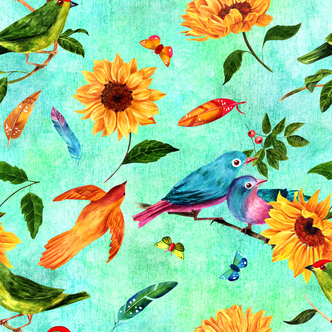 Terral Seamless Pattern With Watercolour Birds, Feathers, Sunflowers by Plateresca - Print