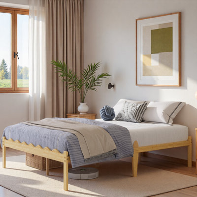 14 Inch Natural Bamboo Queen Size Bed Frame, Warm Tone Modern Style, Heavy-Duty Platform Bed, Wave-Shaped Design to Prevent Mattress Slipping, Squeak-Free & No Wobble, No Box Spring Needed