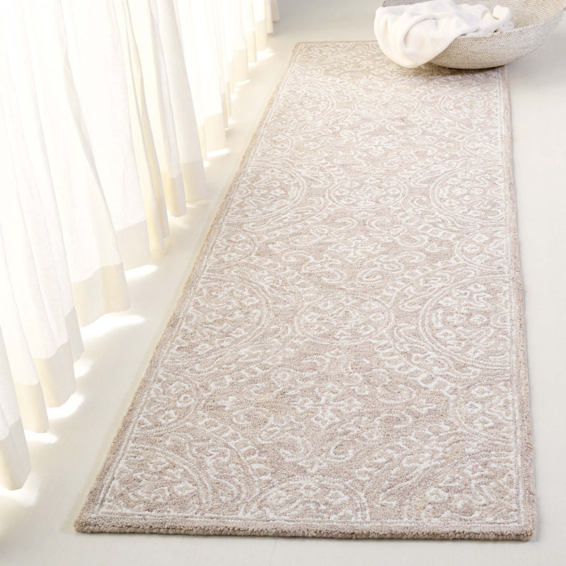 Tapis beige / ivoire touffeté à la main Damask, Tapis de couloir 2 pi 3 po x 8 pi