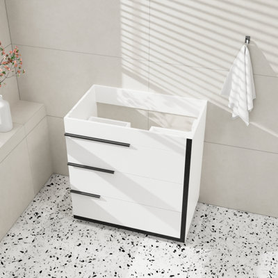 Meuble-lavabo autoportant moderne de 30 po avec lavabo en céramique, 3 tiroirs à fermeture en douceur, finition contrastante blanche et noire, poignées en métal artistiques personnalisables, armoire en panneau de fibres à densité moyenne (sans lavabo)