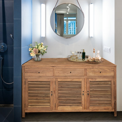 Armoire à linge de salle de bain en bois de teck recyclé Tarragona avec 3 portes et 3 tiroirs