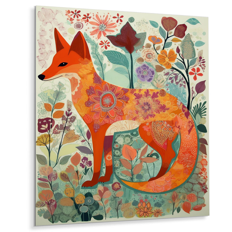 Boho renard dans une forêt de fleurs, Sans cadre, métal, H 32 po x l 24 po