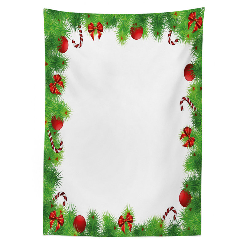 Pine Needles with Red Bows and Baubles Festoon Design Natural Image Tablecloth, 84" x 60"