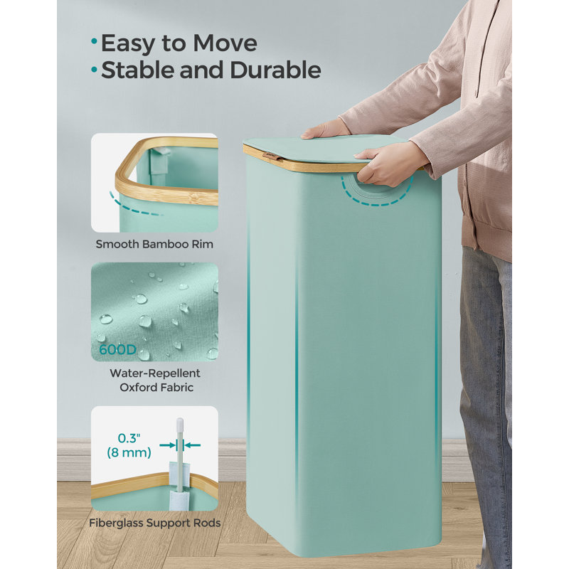 Laundry Basket With Lid, Slim Laundry Hamper, 65L, Space-Saving, Removable Mesh Liner, Oxford Fabric, Bamboo Handles, Collapsible, 42 X 22.5 X 70.5 Cm