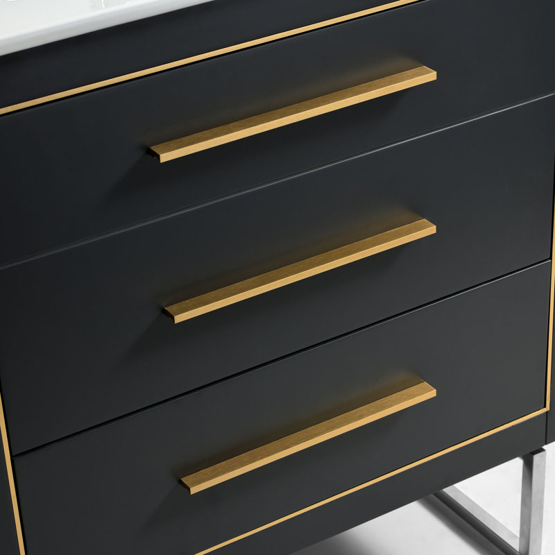 Damaiya 29.4'' Single Bathroom Vanity with Ceramic Top, Charcoal, Brass 