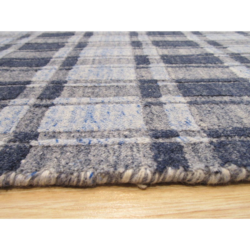 Stylish and Durable Elegant Southwell Hand Knotted Wool Plaid Indoor Blue Rectangle Area Rugs