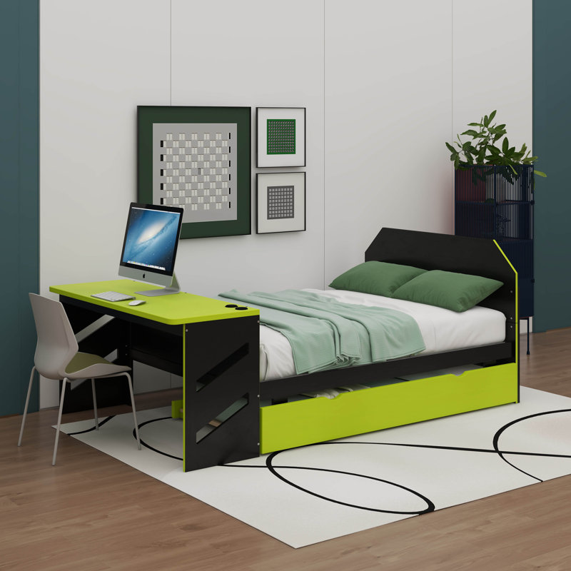 Lit de jour double en bois avec couchette, bureau et port USB, Vert