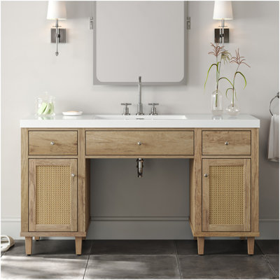 60 Inch Bathroom Vanity With SMC Sink, Modern Spacious Bathroom Storage Cabinet With Soft Close Drawers And Tip-Out Tray, Wood Legs And Silver Metal Knobs, Wood Colour
