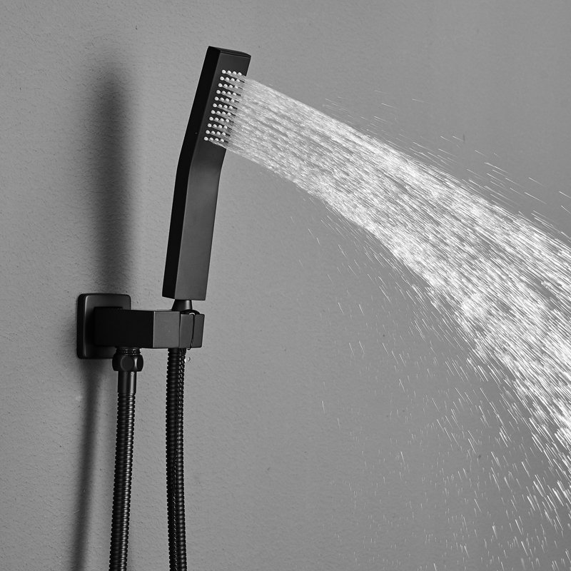 Robinet de salle de bain luxueux - Douche à effet de pluie murale avec forme géométrique noire, tête de lit contemporaine polie, finition
