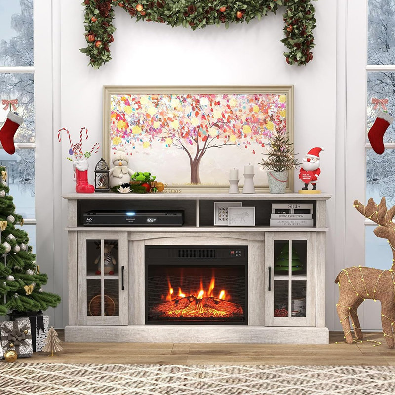 Meuble télé avec foyer électrique de 23 po avec flamme à 3 niveaux, télécommande, armoire de rangement et console multimédia pour téléviseur de 65 po ou moins