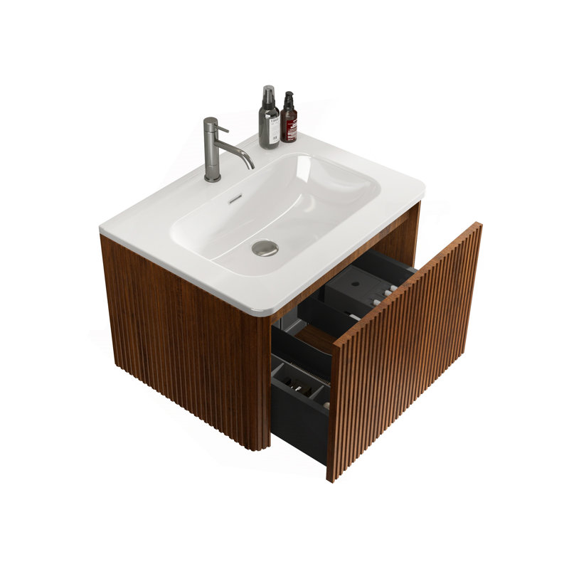 Meuble-lavabo rayé en noyer rayé 24 po avec lavabo en céramique blanche Etna, pré-assemblé, Noyer, 24''