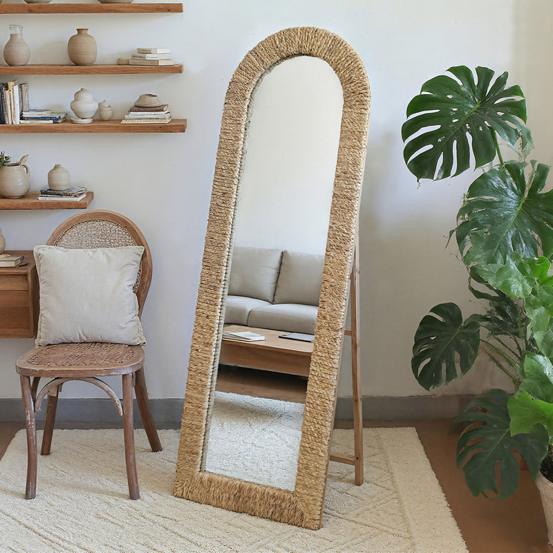Handwoven Rope Frame Arched Full Length Mirror for Living Room, Bedroom, Bathroom, 64" x 22"