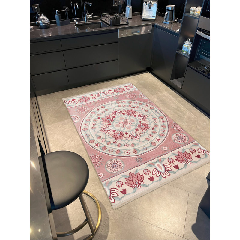 Tapis rose / blanc en polypropylène tissé à la machine Clabern, Rectangle 5 pi x 6 pi 6 po