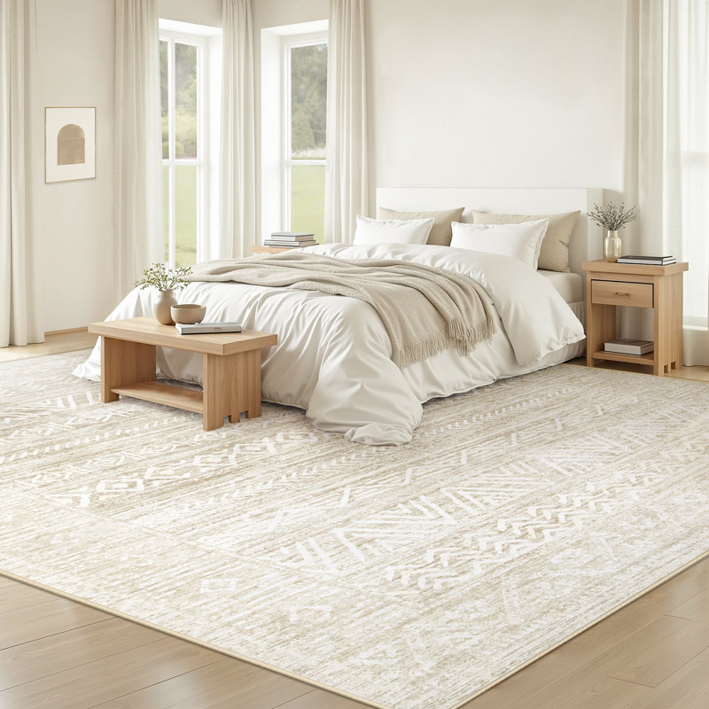 Tapis ivoire beige à motif géométrique lavable boho 8 pi x 10 pi - antidérapant et résistant aux taches, Ivoire / beige