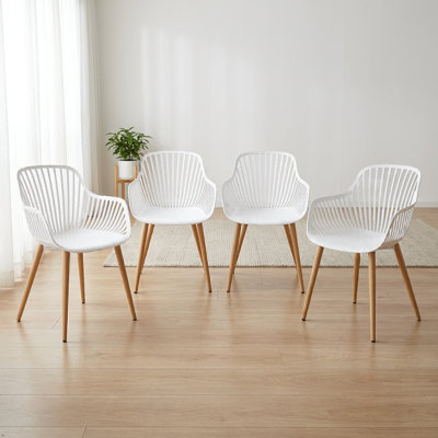 Set of 4 Modern Dining Chairs, All-Weather Plastic Patio Chairs with Iron Legs, 330 LBS Capacity Ergonomic Kitchen Chairs for Indoor/Outdoor Use, White