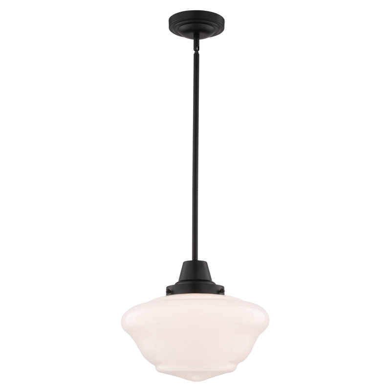 Eastgate 1-Light 12 in. Wide Matte Black Schoolhouse Mini Pendant with White Frosted Opal Glass Shade, Adj Height Hanging Ceiling Fixture for Dining Table, Kitchen, Entryway, Island, Foyer