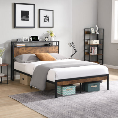 Structure de lit en métal avec tête de lit et pied de lit en bois avec LINER USB