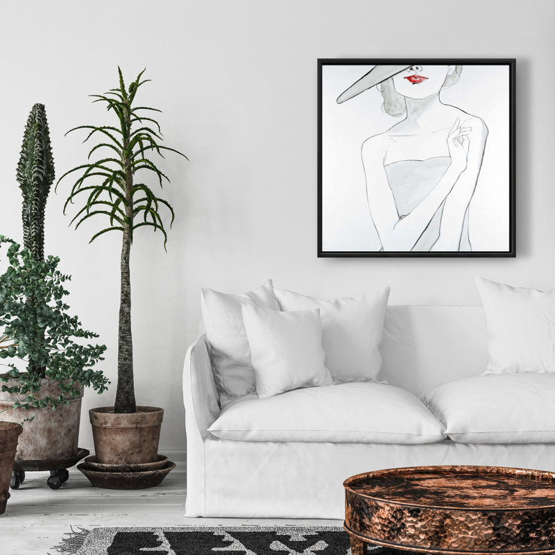 Toile grise romantique pour chambre à coucher - Femme avec un chapeau, décor encadré