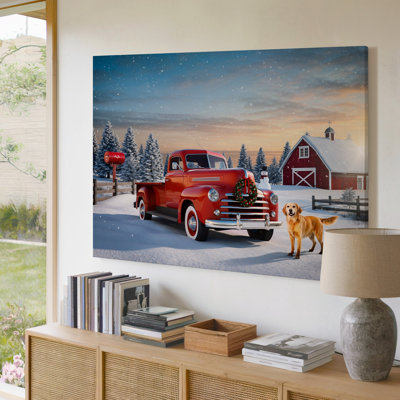 Canvas A Nostalgic Winter Scene Featuring A Vintage Red Truck Adorned Wall Art With A Festive Wreath Parked In A Snowy Landscape In Canvas Wall Art