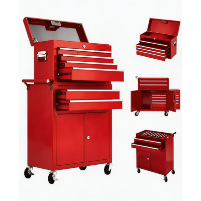 8-Drawer Rolling Tool Chest with Wheels, 2 in 1  Lockable Tool Box with Drawers, Detachable Top Cabinet & Storage Cart, Red