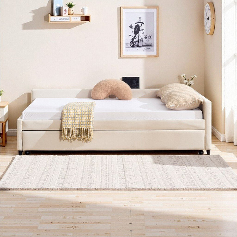 Twin Size Bed Frame, Upholstered Daybed with Trundle Velvet and MDF, Beige