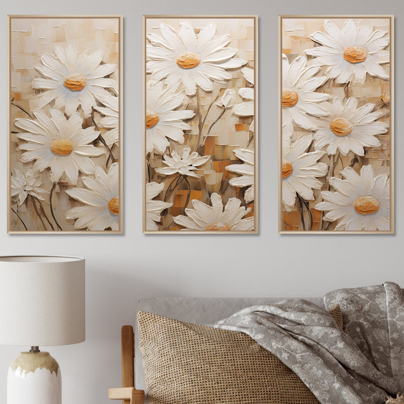 «White Daisy Fields Elegance V - Daisies», ensemble d'art sur toile, H 40 po x l 60 po x P 1 po, Cadre naturel flottant